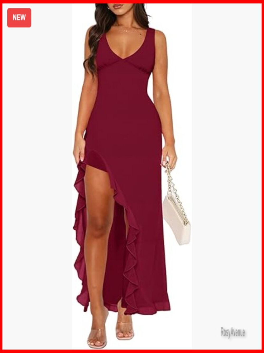 Sexy V Neck Sleeveless Mesh Ruffle Hem Bodycon Maxi Backless High Slit Dress